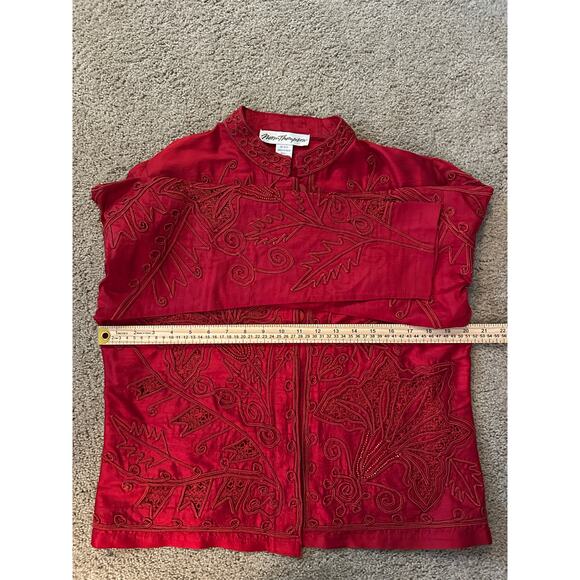 Vintage Norm Thompson Ruby Red Silk Embroidered Holiday Festive Jacket Size M - Picture 6 of 9